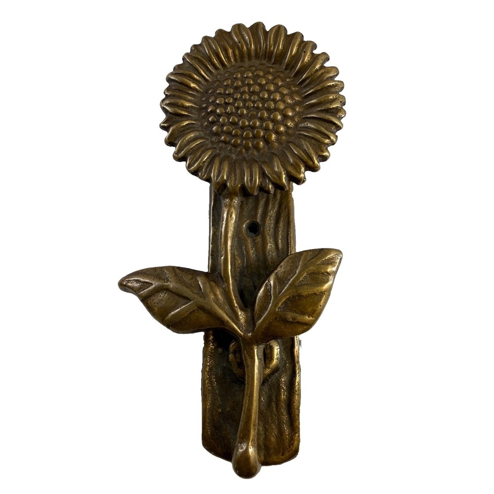 Vintage Solid Brass Sunflower Door Knocker 5.5" Faux Bois Bark Plate Hardware